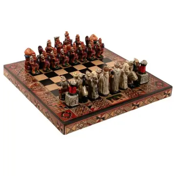 Wood Hand Painted Chess Set - Square Lg 10" X 10" Inka