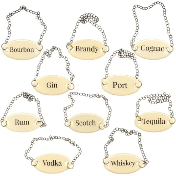 Duke Baron Vintage Brass Liquor Tag Set in Wood Storage Box