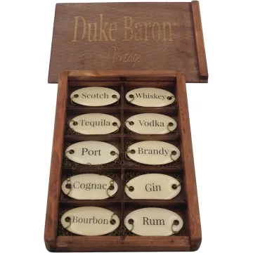 Duke Baron Vintage Brass Liquor Tag Set in Wood Storage Box