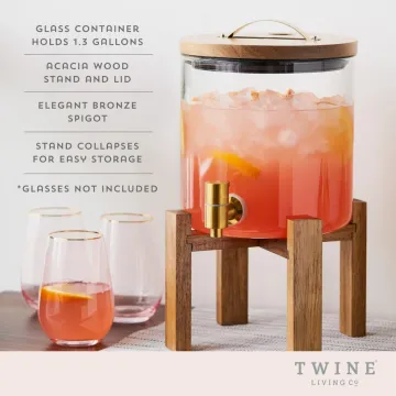 Acacia and Glass Beverage Dispenser W Collapsable Stand