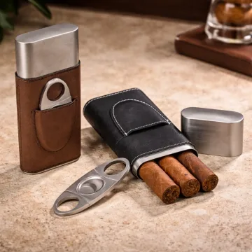 Harrison Leather and Steel Cigar Case with Cutter