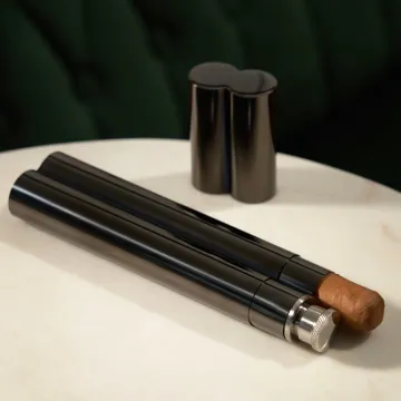 Warren™ Black Gunmetal Plated Cigar Holder and Flask Combo