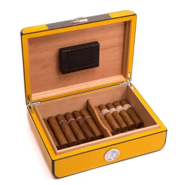 "Carbon Fiber" Yellow Lacquered Wood 25 Cigar Humidor