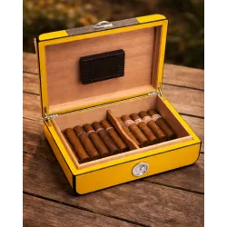 "Carbon Fiber" Yellow Lacquered Wood 25 Cigar Humidor