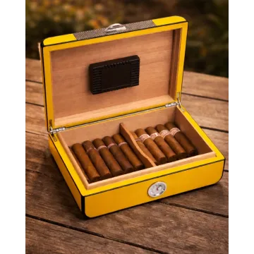 "Carbon Fiber" Yellow Lacquered Wood 25 Cigar Humidor