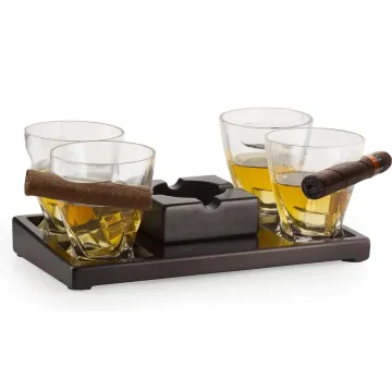 Cigar Glasses Tray & Ash Tray, 4 Whiskey Cigar Glasses Slot