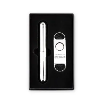 Custom Silver Cigar Cutter & Travel Set - Modern Groomsman