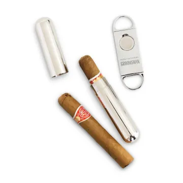 Custom Silver Cigar Cutter & Travel Set - Modern Groomsman
