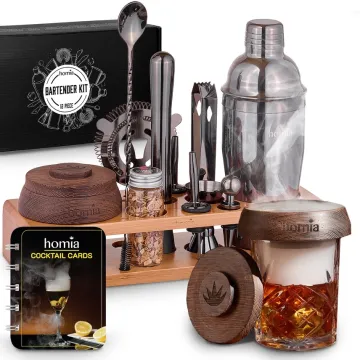 Bamboo Stand Bartender Kit with Whiskey Smoker - 13 Pcs