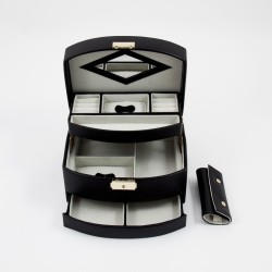 3 Level Hinged Black Leather Jewelry Box with Mirror, Travel Roll and Locking Clasp