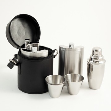 10 Piece Set; 3 Flasks 8 oz.x3, Shaker, Jigger, Stirrer w/ 4 Cups in Black "Buffalo" Leather Case