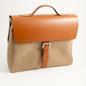 Briefcase Saddle Leather & Khaki Fabric,