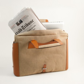 Briefcase Saddle Leather & Khaki Fabric w/Computer Compartment,