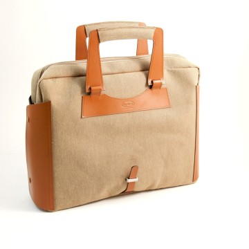 Briefcase Saddle Leather & Khaki Fabric w/Computer Compartment,