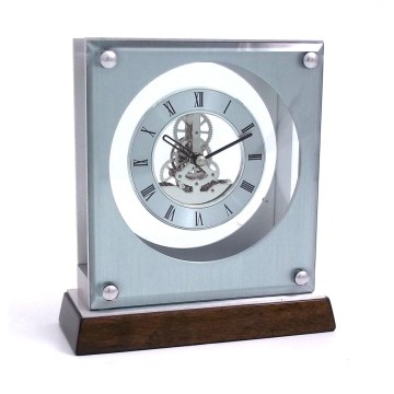 "Ani" Clock, Piano Finish Walnut Wood & Stainless Steel w/ Skelton Movement, 