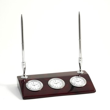 Tokyo 3 Time Zone Desk Clock w/ 2 Pens On Rosewood Base,