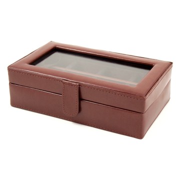 Brown Leather 12 Cufflink Box with Glass Top and Snap Closure.