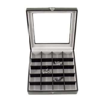 Black Leather 20 Cufflink Box with Glass Top and Snap Closure.
