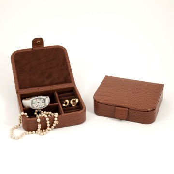 Brown "Croco" Leather Jewelry Case with Snap Closure