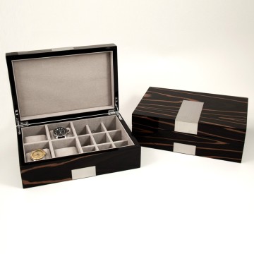 Lacquered "Ebony" Burl Wood Valet Box with Stainless Steel Accents for 4 Watches & 12 Cufflink
