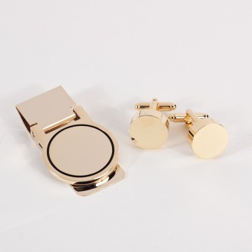 Circular Design Cufflink & Money Clip Set, Gold Plated.