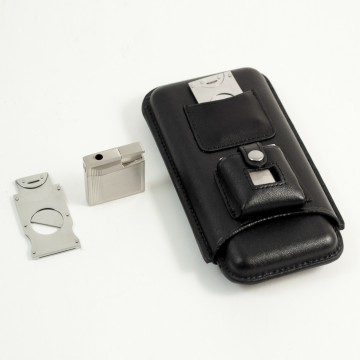 3 Cigar Holder w/ Cigar Cutter & Lighter, Black Leather Case