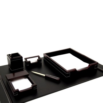 6 Piece Desk Set, Wood & Black Leather ,