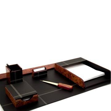 6 Piece Desk Set, "Burl Wood" Leather ,