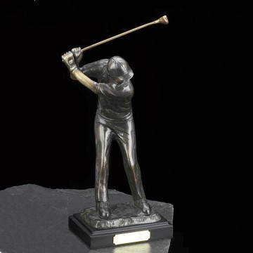 "Tee-Off ", Bronzed Finished Metal Golfer Sculpture on Wood Base.