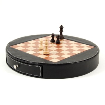 Chess Set in Wood with Black Leather Wrapped Around the Playing Board. Playing Pieces in Wood.