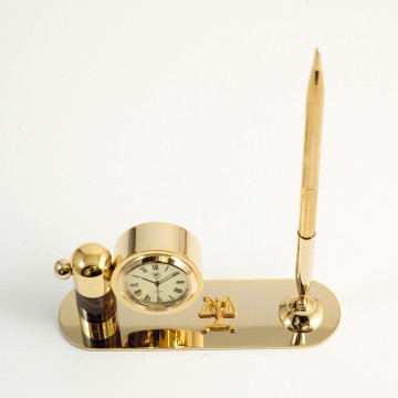 "Legal" Theme Pen Stand with Pen and Clock in Tortoise Finish