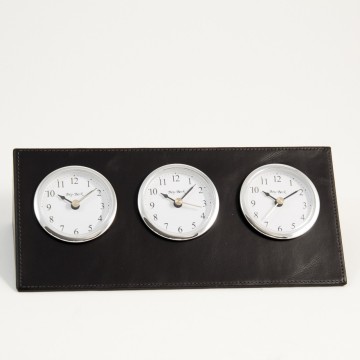 Triple Time Zone Clock in Black Leather