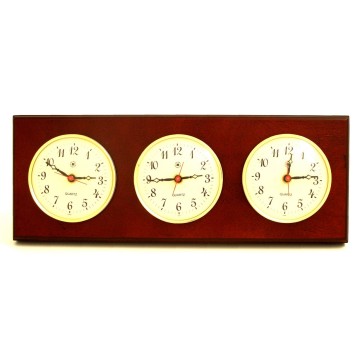 Brass Multi-zone Clock on Mahogany w/ 3 Brass Plates, 