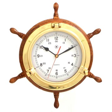 13 1/2" Brass/Oak Ship's Wheel, Clock,
