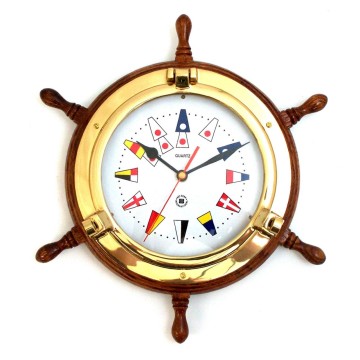 Brass Porthole Clock on Oak Ship's Wheel w/Nautical Numbers, 