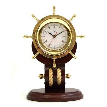 Brass Ships Wheel Clock w/Rope on Teakwood Base, 