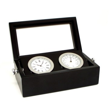 Chrome Clock & Thermometer in Black Box w/ Glass Top, 
