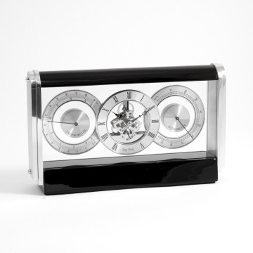 Skelton Movement Clock w/ Hygro. & Thermo., Stainless & Lacquered Black Wood, 