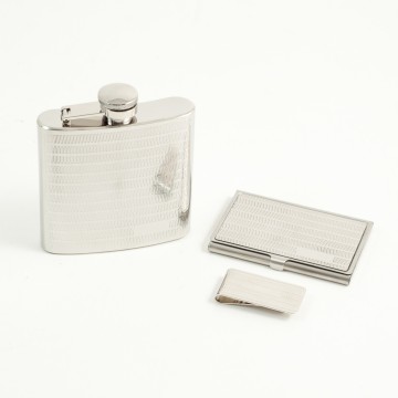 3 Piece set w/ 6 oz. Flask, Buss. Card Case & Money Clip, 