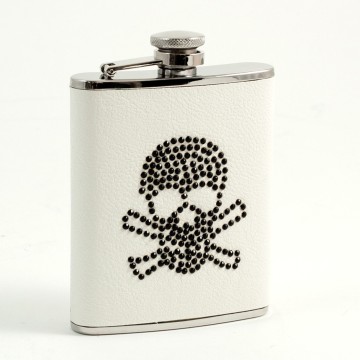 6 oz. Stainless Steel "Skull / Bones" Flask on White Leather.