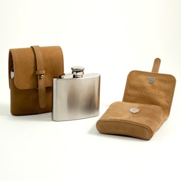5 oz. Stainless Steel Flask in Tan Suede Leather Carrying Case.