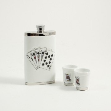 4oz. Porcelain Flask Gift Set with 2 Cups in Playing Card Theme Design.