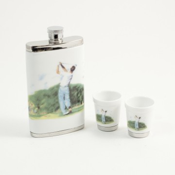 4oz. Porcelain Flask Gift Set with 2 Cups in Golf Theme Design.