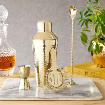 Gold Hammered Finish Stainless Steel Barware Set